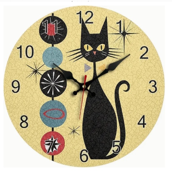 Retro Atomic Cat Round Wall Clock Battery Operated Vintage Mid Century Decor - Picture 1 of 5